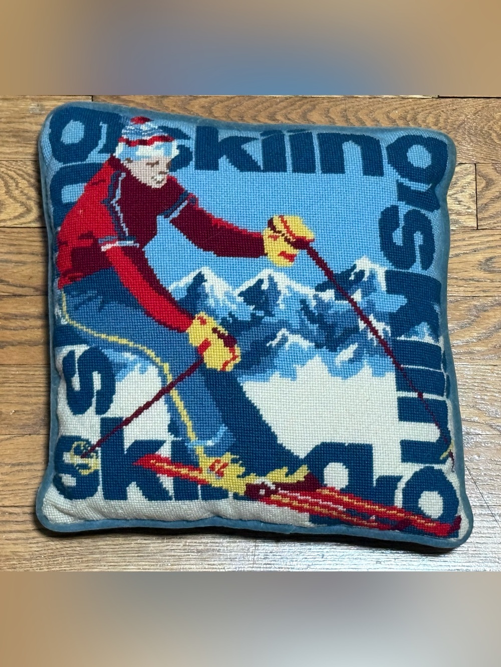 Vintage Alpine “Skiing” Hand-Stitched Needlepoint Throw Pillow Retro 70’